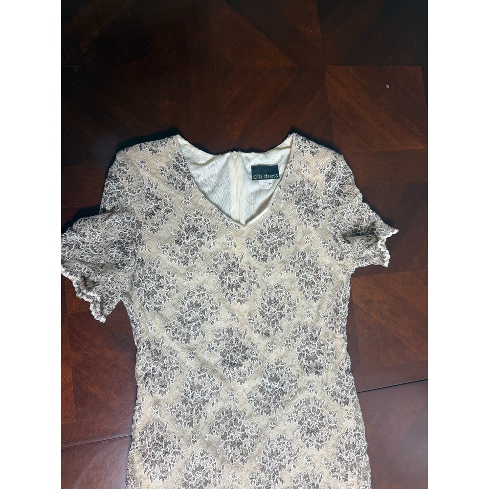Vintage Lace Overlay Midi Dress Beige Brown Floral Short‎ Sleeve Formal Size 10 - Picture 8 of 13